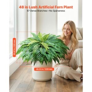 artificial ferns, 48 inch fake boston fern bush plant with 67 fronds, faux greenery for indoor/outdoor decor, silk & ldpe, suitable for home porch garden office living room planter, set of 2