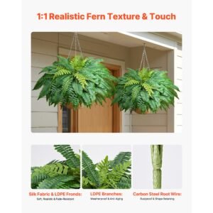 artificial ferns, 48 inch fake boston fern bush plant with 67 fronds, faux greenery for indoor/outdoor decor, silk & ldpe, suitable for home porch garden office living room planter, set of 2