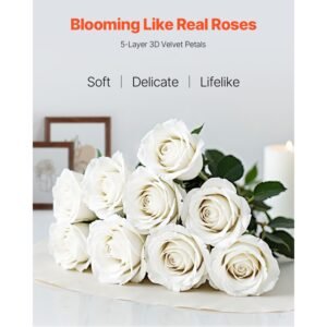 artificial flowers, 120 pcs real looking white foam fake roses bulk, white faux bridal shower with stems for diy wedding bouquets, home centerpieces arrangements, party tables decorations