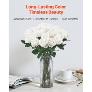 artificial flowers, 120 pcs real looking white foam fake roses bulk, white faux bridal shower with stems for diy wedding bouquets, home centerpieces arrangements, party tables decorations