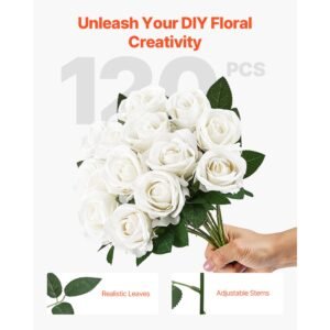 artificial flowers, 120 pcs real looking white foam fake roses bulk, white faux bridal shower with stems for diy wedding bouquets, home centerpieces arrangements, party tables decorations