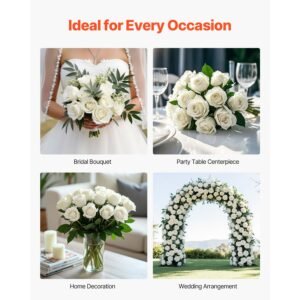 artificial flowers, 120 pcs real looking white foam fake roses bulk, white faux bridal shower with stems for diy wedding bouquets, home centerpieces arrangements, party tables decorations