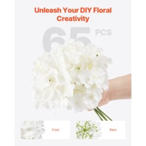 artificial flowers, 65 pcs real looking white silk fake hydrangea bulk, white faux bridal shower with stems for diy wedding bouquets, home centerpieces arrangements, party tables decorations