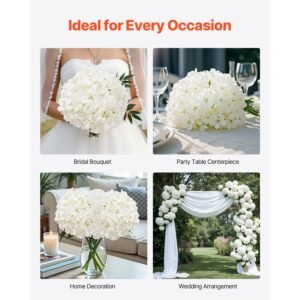 artificial flowers, 65 pcs real looking white silk fake hydrangea bulk, white faux bridal shower with stems for diy wedding bouquets, home centerpieces arrangements, party tables decorations