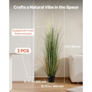 artificial grass plant, 2 pack 59 inch faux reed flower grass in pot, premium pvc fake greenery shrubs plant for indoor outdoor house home garden office room décor, housewarming, green