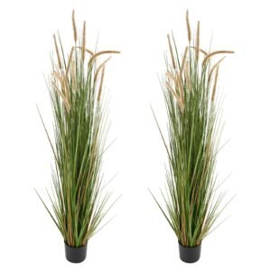 Artificial Grass Plant, 2 Pack 59 inch Horsetail Reed Grass in Pot, Premium PVC Faux Fake Greenery Shrubs Plant for Indoor Outdoor House Home Garden Office Room Décor, Housewarming, Green