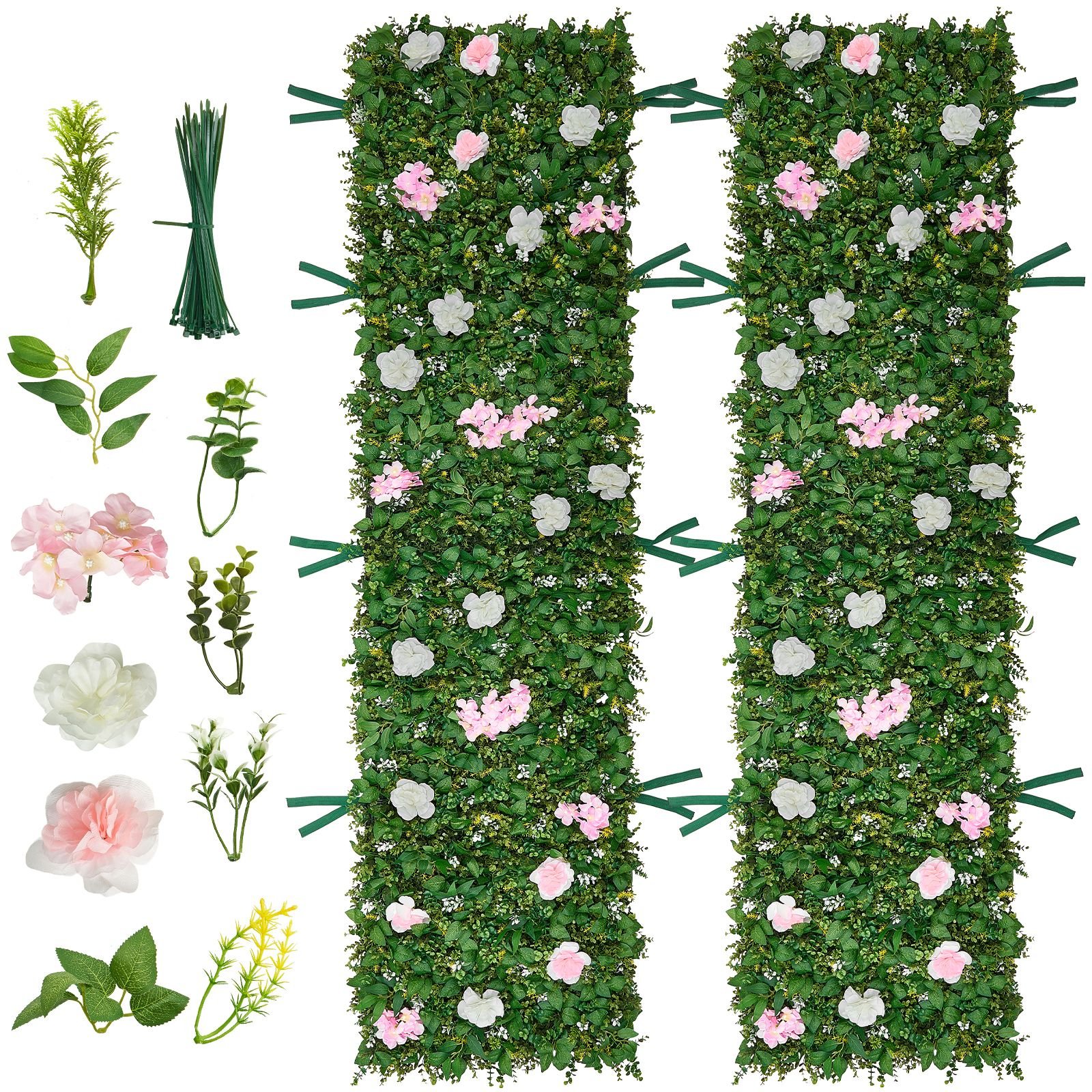 artificial luxury flower wall backdrop, 2 pcs, each panel 2 x 8 ft, gorgeous 3d silk floral backdrop pet friendly, easy installation flower wall panel for wedding, event, party and home decor