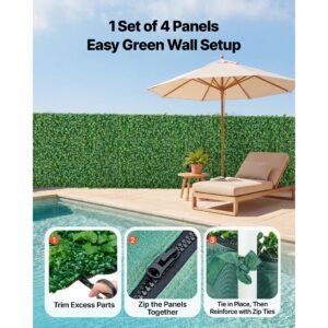 artificial plant wall, 4 pcs, each panel 2 x 8 ft artificial boxwood panels, sun protection greenery backdrop privacy hedge fence, fake grass screen for wedding, indoor, outdoor garden, backyard