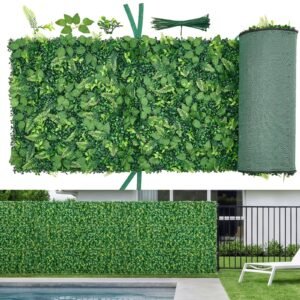 Artificial Plant Wall, 4 PCS, Each Panel 2 x 8 ft Artificial Boxwood Panels, Sun Protection Greenery Backdrop Privacy Hedge Fence, Fake Grass Screen for Wedding, Indoor, Outdoor Garden, Backyard
