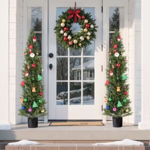 artificial topiary cedar trees, 60 inch 2 set faux pine shrubs plants, fake silk tree look real, easy assembly for decor front porch outdoor patio garden balcony backyard indoor office