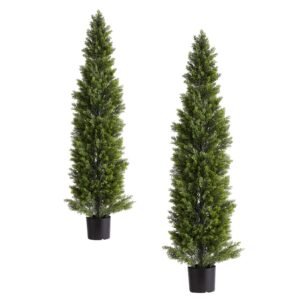 Artificial Topiary Cedar Trees, 60 inch 2 Set Faux Pine Shrubs Plants, Fake Silk Tree Look Real, Easy Assembly for Decor Front Porch Outdoor Patio Garden Balcony Backyard Indoor Office
