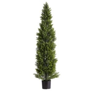 artificial topiary cedar trees, 60 inch 2 set faux pine shrubs plants, fake silk tree look real, easy assembly for decor front porch outdoor patio garden balcony backyard indoor office