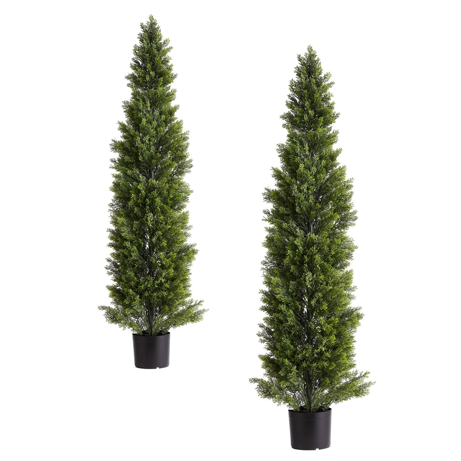 artificial topiary cedar trees, 60 inch 2 set faux pine shrubs plants, fake silk tree look real, easy assembly for decor front porch outdoor patio garden balcony backyard indoor office