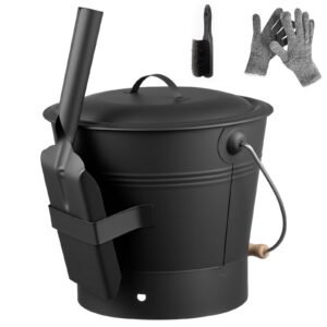 Ash Bucket, 4 PCS with Lid, Shovel, Broom and Gloves, Metal Fireplace Charcoal Bucket and Ash Can, 2.6 GAL Large Capacity for Fireplace, Fire Pits, Wood Burning Stoves, Indoor and Outdoor