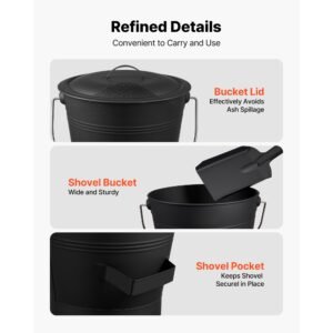 ash bucket, 4 pcs with lid, shovel, broom and gloves, metal fireplace charcoal bucket and ash can, 2.6 gal large capacity for fireplace, fire pits, wood burning stoves, indoor and outdoor