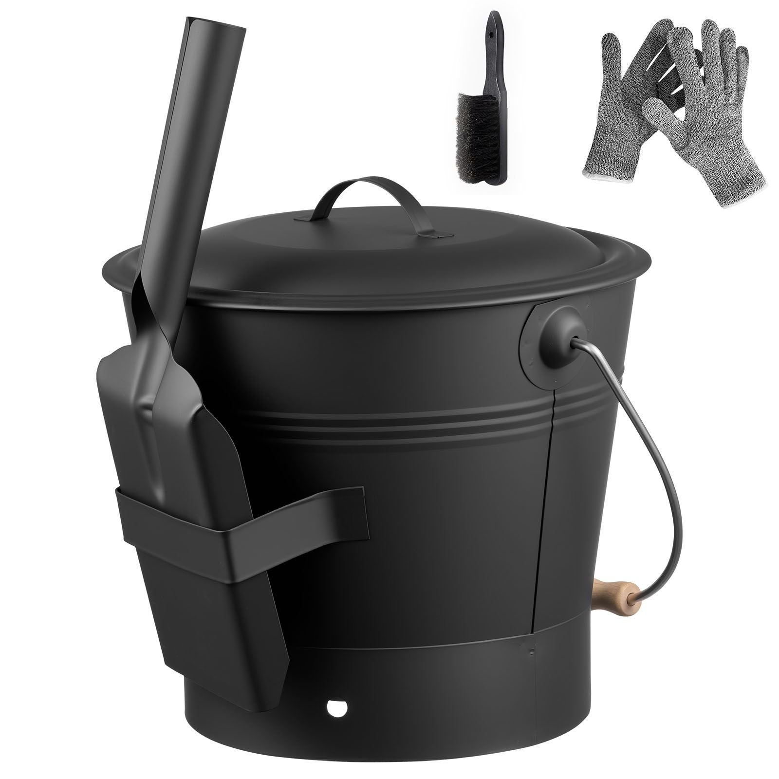 ash bucket, 4 pcs with lid, shovel, broom and gloves, metal fireplace charcoal bucket and ash can, 2.6 gal large capacity for fireplace, fire pits, wood burning stoves, indoor and outdoor