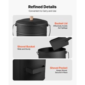 ash bucket, 4 pcs with lid, shovel, broom and gloves, metal fireplace charcoal bucket and ash can, 4 gal large capacity for fireplace, fire pits, wood burning stoves, indoor and outdoor