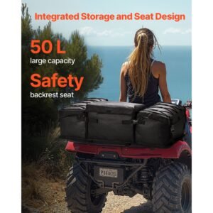 atv rear storage bag, 50l atv rear cargo bag with sponge seat cushion & bottle holder, 600d oxford cloth rear seat gear bag fit most atvs with rear rack, compatible with atv, utv, can am vehicle