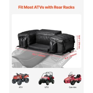 atv rear storage bag, 50l atv rear cargo bag with sponge seat cushion & bottle holder, 600d oxford cloth rear seat gear bag fit most atvs with rear rack, compatible with atv, utv, can am vehicle