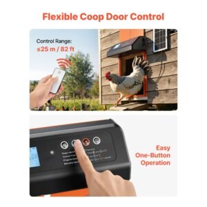automatic chicken coop door, solar & battery powered chicken door with lcd display, remote control, light sensor & timer, anti pinch security, aluminum alloy chick run gate opener, orange