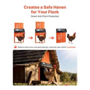 automatic chicken coop door, solar & battery powered chicken door with lcd display, remote control, light sensor & timer, anti pinch security, aluminum alloy chick run gate opener, orange