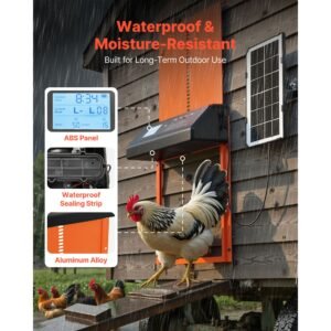 automatic chicken coop door, solar & battery powered chicken door with lcd display, remote control, light sensor & timer, anti pinch security, aluminum alloy chick run gate opener, orange