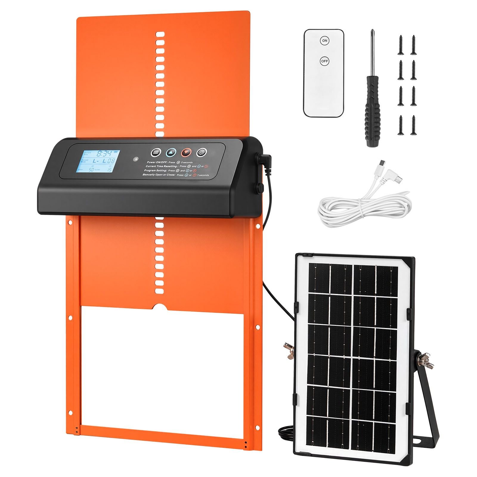 automatic chicken coop door, solar & battery powered chicken door with lcd display, remote control, light sensor & timer, anti pinch security, aluminum alloy chick run gate opener, orange