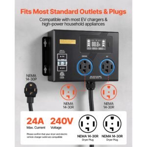 automatic ev charging switch, nema 14 30, splitter switch for dryer & ev charger, 24a max 240v smart power distribution with circuit breaker, real time display, for evs, ovens, dishwashers, etl