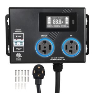 Automatic EV Charging Switch, NEMA 14-30, Splitter Switch for Dryer & EV Charger, 24A Max 240V Smart Power Distribution with Circuit Breaker, Real-Time Display, for EVs, Ovens, Dishwashers, ETL