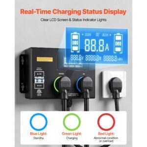 automatic ev charging switch, nema 14 30, splitter switch for dryer & ev charger, 24a max 240v smart power distribution with circuit breaker, real time display, for evs, ovens, dishwashers, etl