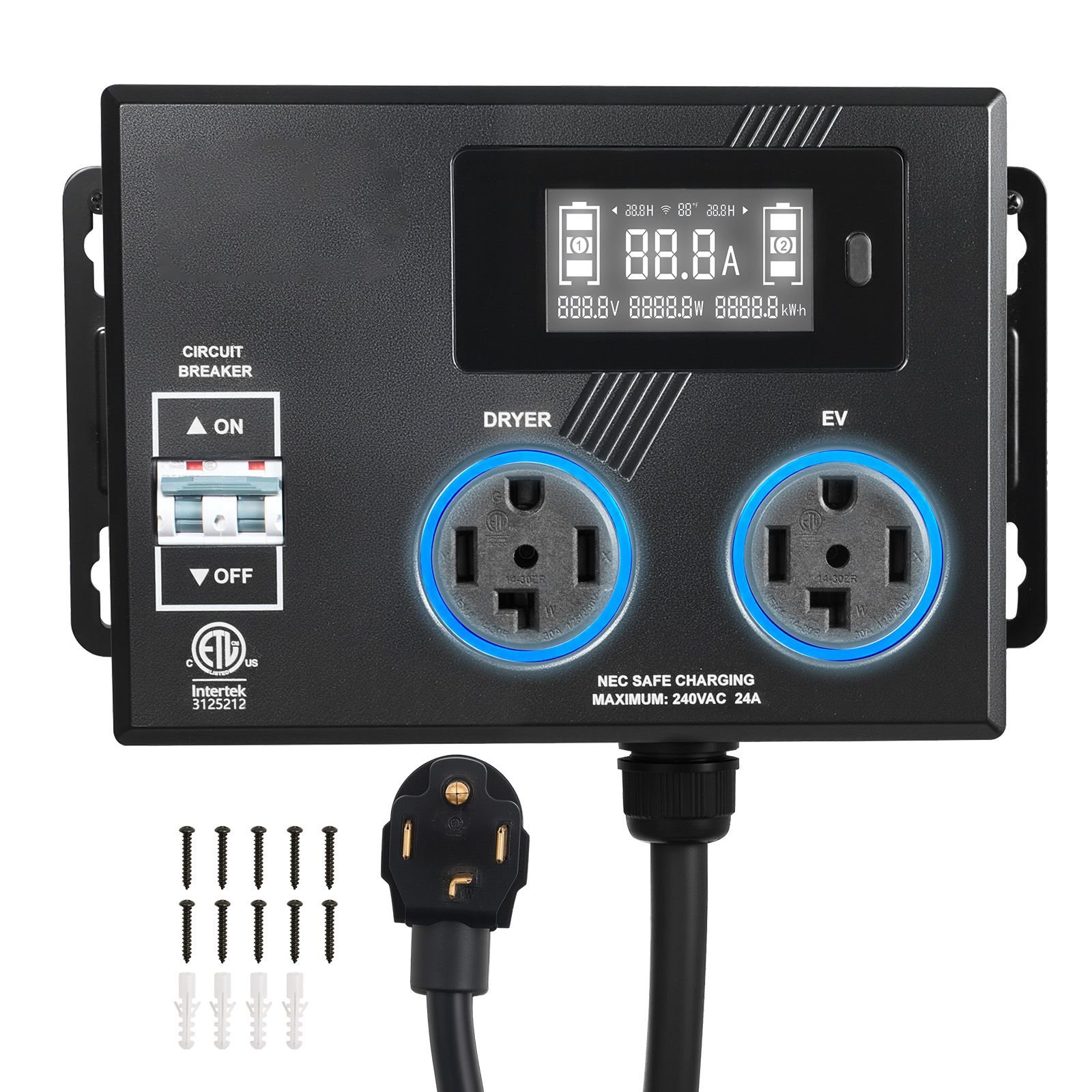 automatic ev charging switch, nema 14 30, splitter switch for dryer & ev charger, 24a max 240v smart power distribution with circuit breaker, real time display, for evs, ovens, dishwashers, etl