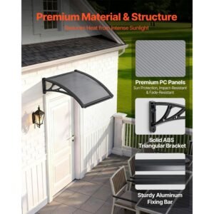 awnings for door entrance, 24 x 24 in, exterior front door window awnings with drainage & abs bracket, rain snow sun protection, overhang polycarbonate door canopy for porch patio, smoky gray