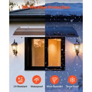 awnings for door entrance, 37 x 47 in, exterior front door window awnings with drainage & abs bracket, rain snow sun protection, overhang polycarbonate door canopy for porch patio, brown