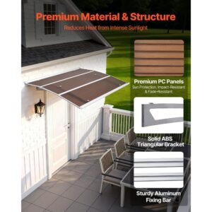 awnings for door entrance, 37 x 47 in, exterior front door window awnings with drainage & abs bracket, rain snow sun protection, overhang polycarbonate door canopy for porch patio, brown