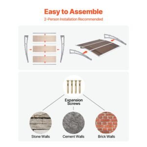 awnings for door entrance, 37 x 47 in, exterior front door window awnings with drainage & abs bracket, rain snow sun protection, overhang polycarbonate door canopy for porch patio, brown