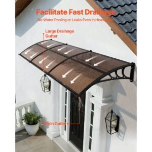 awnings for door entrance, 38 x 117 in, exterior front door window awnings with drainage & abs bracket, rain snow sun protection, overhang polycarbonate door canopy for porch patio, brown