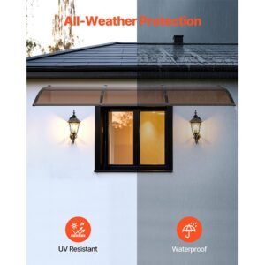 awnings for door entrance, 38 x 117 in, exterior front door window awnings with drainage & abs bracket, rain snow sun protection, overhang polycarbonate door canopy for porch patio, brown