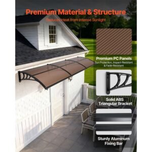 awnings for door entrance, 38 x 117 in, exterior front door window awnings with drainage & abs bracket, rain snow sun protection, overhang polycarbonate door canopy for porch patio, brown