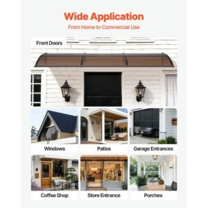 awnings for door entrance, 38 x 117 in, exterior front door window awnings with drainage & abs bracket, rain snow sun protection, overhang polycarbonate door canopy for porch patio, brown