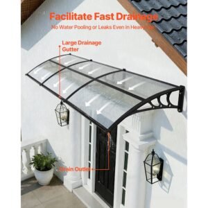 awnings for door entrance, 38 x 117 in, exterior front door window awnings with drainage & abs bracket, rain snow sun protection, overhang polycarbonate door canopy for porch patio, clear