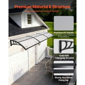 awnings for door entrance, 38 x 117 in, exterior front door window awnings with drainage & abs bracket, rain snow sun protection, overhang polycarbonate door canopy for porch patio, clear