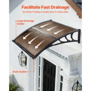 awnings for door entrance, 38 x 40 in, exterior front door window awnings with drainage & abs bracket, rain snow sun protection, overhang polycarbonate door canopy for porch patio, brown