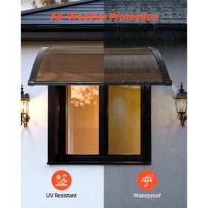 awnings for door entrance, 38 x 40 in, exterior front door window awnings with drainage & abs bracket, rain snow sun protection, overhang polycarbonate door canopy for porch patio, brown