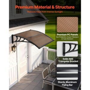 awnings for door entrance, 38 x 40 in, exterior front door window awnings with drainage & abs bracket, rain snow sun protection, overhang polycarbonate door canopy for porch patio, brown