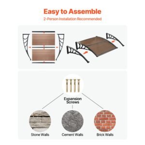 awnings for door entrance, 38 x 40 in, exterior front door window awnings with drainage & abs bracket, rain snow sun protection, overhang polycarbonate door canopy for porch patio, brown