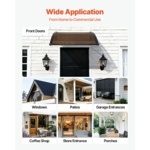 awnings for door entrance, 38 x 40 in, exterior front door window awnings with drainage & abs bracket, rain snow sun protection, overhang polycarbonate door canopy for porch patio, brown