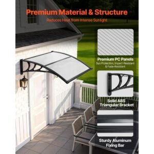 awnings for door entrance, 38 x 40 in, exterior front door window awnings with drainage & abs bracket, rain snow sun protection, overhang polycarbonate door canopy for porch patio, clear