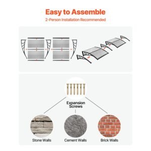 awnings for door entrance, 38 x 78 in, exterior front door window awnings with drainage & abs bracket, rain snow sun protection, overhang polycarbonate door canopy for porch patio, clear