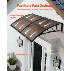 awnings for door entrance, 38 x 78 in, exterior front door window awnings with drainage & metal bracket, rain snow sun protection, overhang polycarbonate door canopy for porch patio, brown
