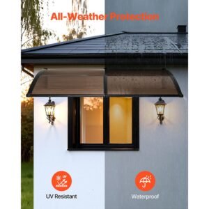 awnings for door entrance, 38 x 78 in, exterior front door window awnings with drainage & metal bracket, rain snow sun protection, overhang polycarbonate door canopy for porch patio, brown